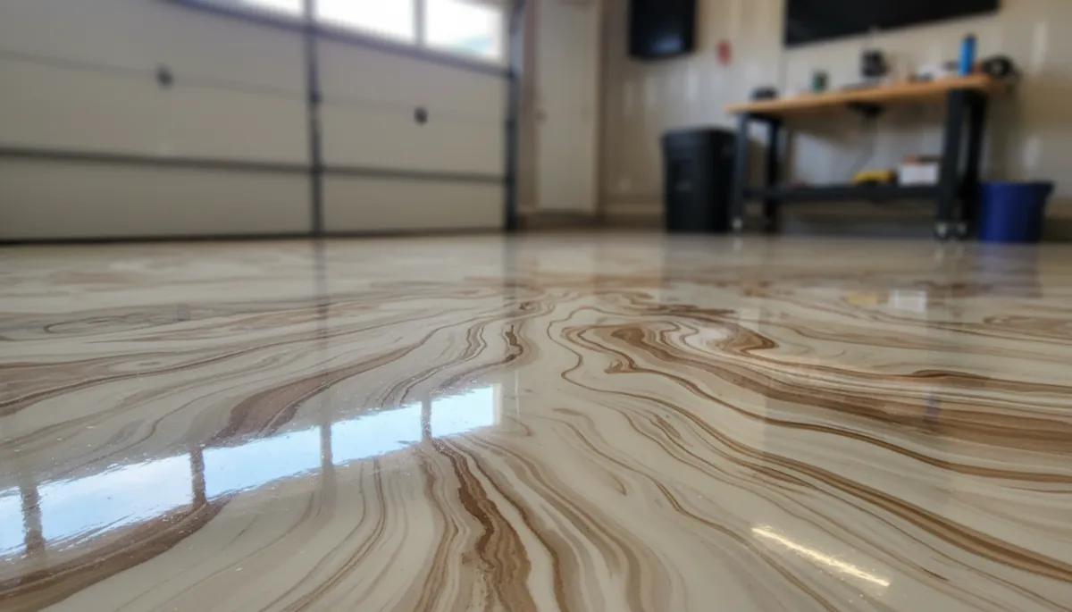 Metallic epoxy garage floor install in West Rapid City, SD with copper and slate swirl pattern