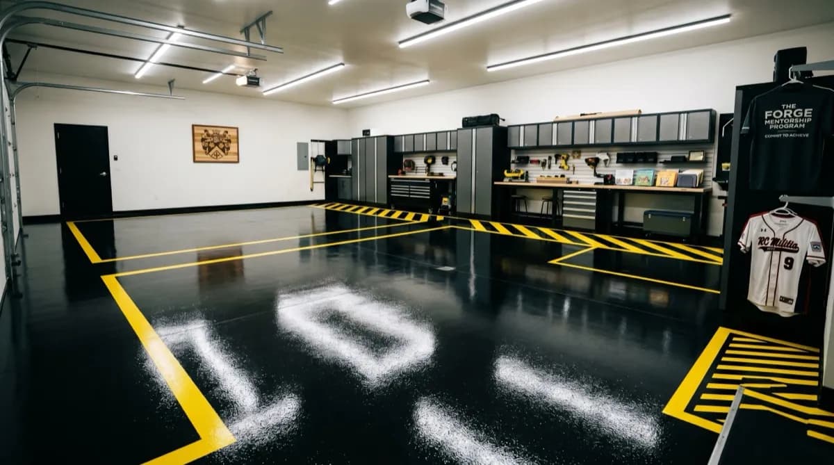 Tan and brown flake epoxy single car garage in Robbinsdale Rapid City mid-century home