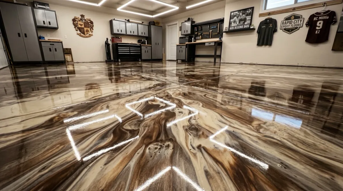 Box Elder Ellsworth AFB military housing garage floor with neutral gray polyaspartic finish
