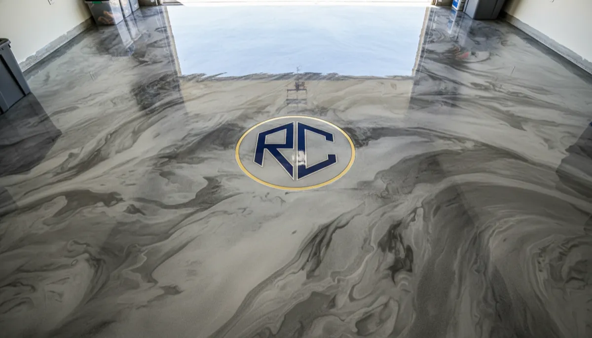 Commercial epoxy floor in Rapid City auto dealership service bay with forklift-rated finish