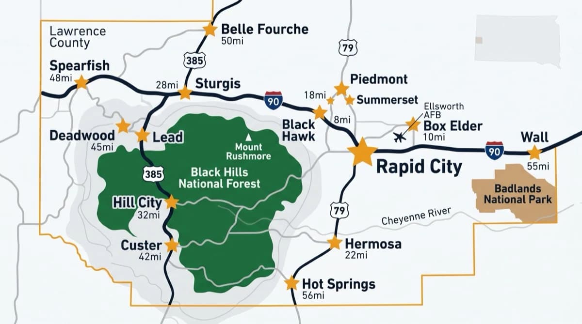 Black Hills service area map showing Rapid City, Box Elder, Black Hawk, Piedmont, Summerset, Sturgis, Spearfish, Deadwood, Lead, Belle Fourche, Hill City, Custer, Hermosa, Hot Springs, and Wall — all cities Rapid City Epoxy Floors serves across western South Dakota
